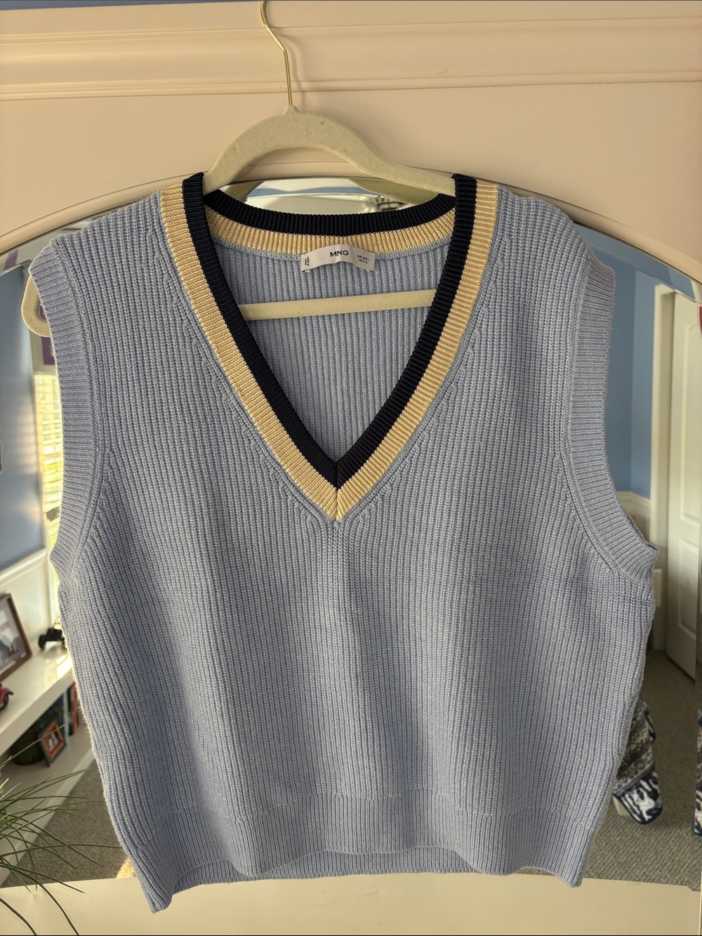 Mango Sky Blue V-Neck Knit Vest with Navy and Cream Trim